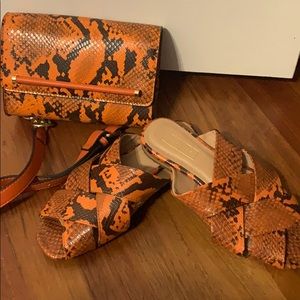 orange & black snake print shoes & matching bag